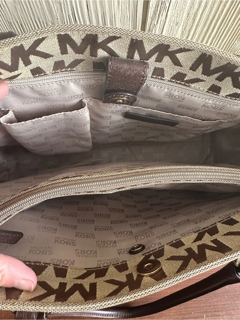 Michael Kors Brown and Tan Signature MK Jet Set Tote Bag